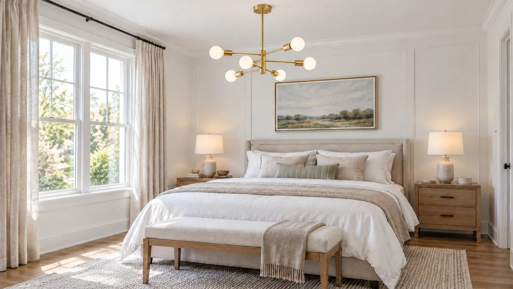 A brass chandelier with round white globes above a neutral bedroom with bedside lamps and open space beside the bed.