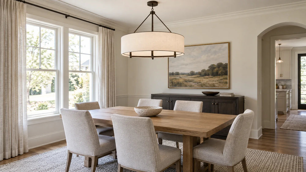 Chandelier centered above a dining table in a bright modern American dining room.
