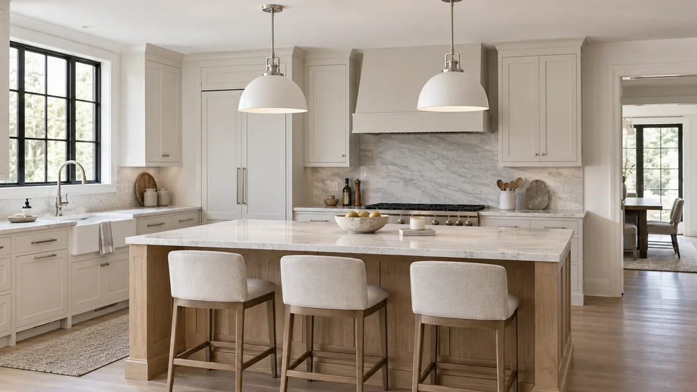 Two off-white dome pendants above a pale stone kitchen island with oak cabinetry and three stools.