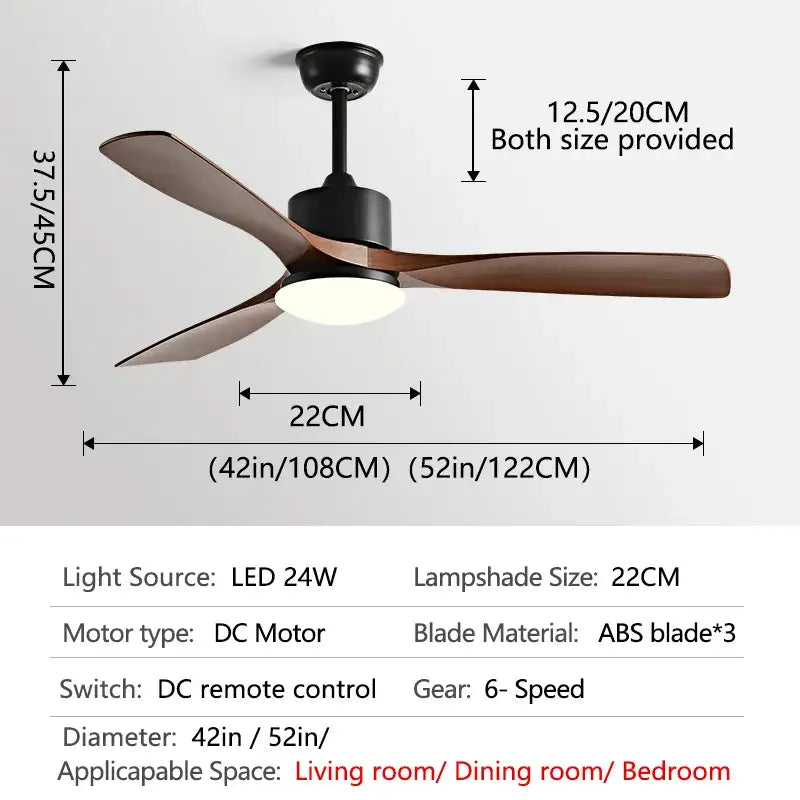 Simple DC Motor Ceiling Fan with Light for Living,Restaurant - Black-walnut grain