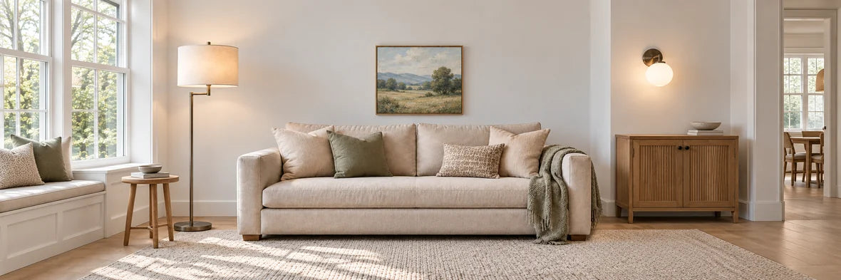 Illustrative neutral living room with a full-height shaded floor lamp, visible round base and an opal wall sconce with a metal mounting plate.