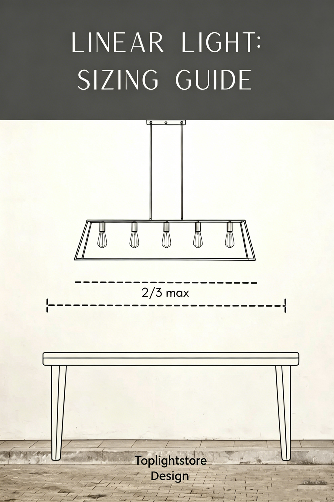 Modern linear chandelier size guide illustration showing correct proportions for dining tables, kitchen islands, and room layouts.