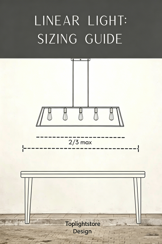 Modern linear chandelier size guide illustration showing correct proportions for dining tables, kitchen islands, and room layouts.
