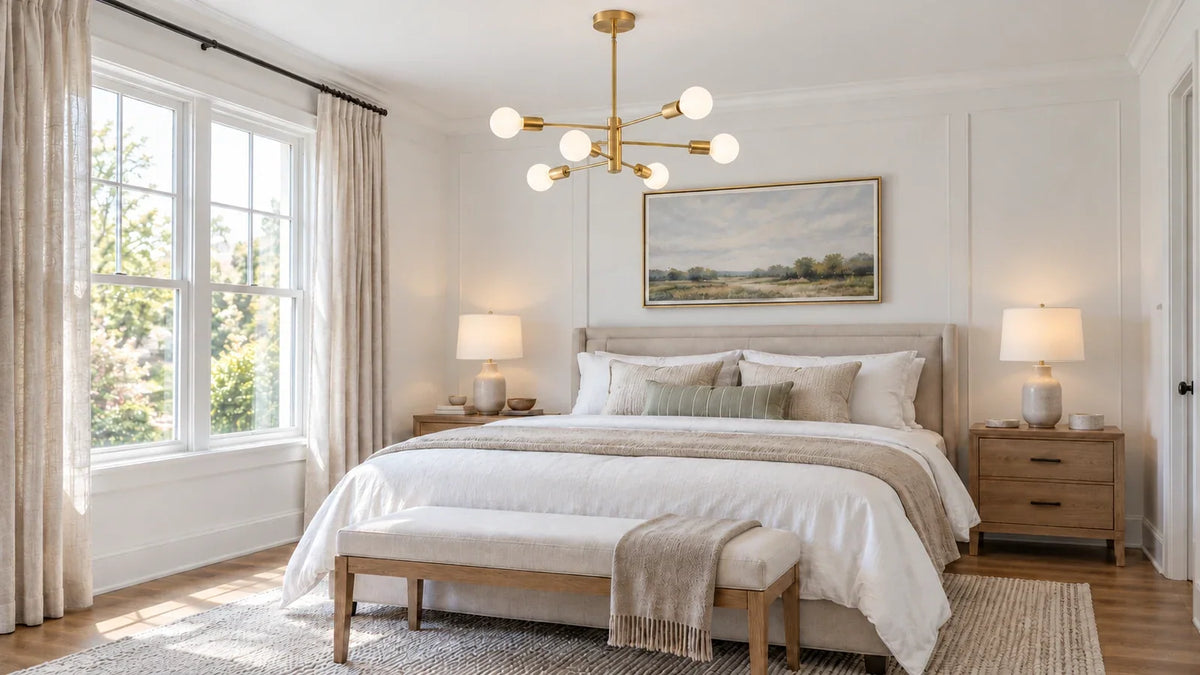 A brass chandelier with round white globes above a neutral bedroom with bedside lamps and open space beside the bed.