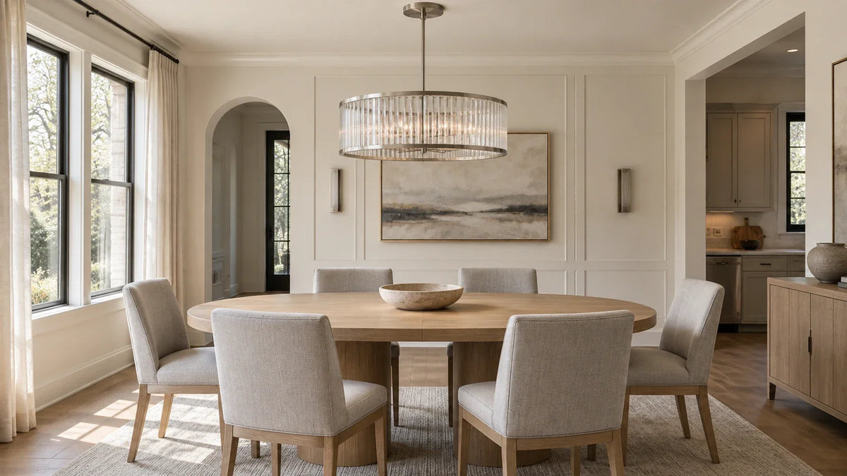 Crystal drum chandelier centered over an oval oak table in a neutral dining room.