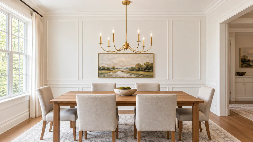 Six-arm candle-style chandelier in a bright dining room.