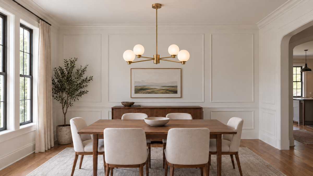 Modern dining room with a brass chandelier centered above a walnut table.