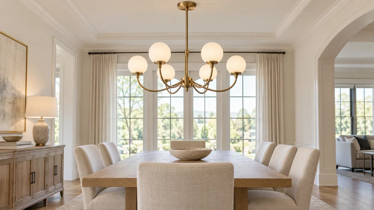 Brass-toned globe chandelier above an oak dining table in a bright neutral room; editorial illustration.