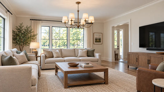 Shaded chandelier above a coffee table within a living room seating area, with sofas and a television nearby.