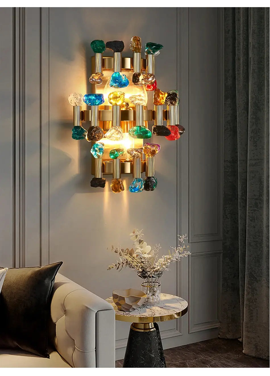 Luxury Brushed Gold Colorful Crystal Wall Sconce for Bedroom