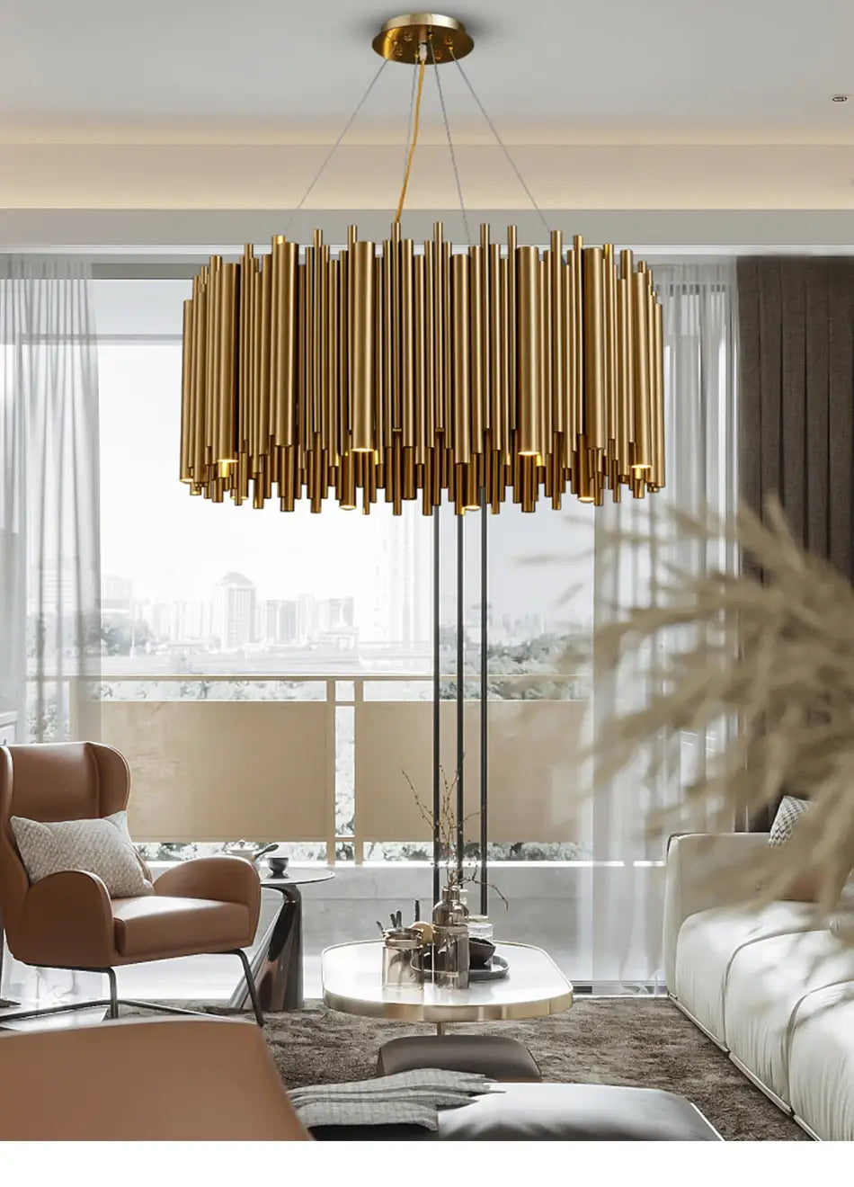 Luxuriöser Kronleuchter aus gebürstetem Gold-Edelstahlrohr für den Wohnbereich