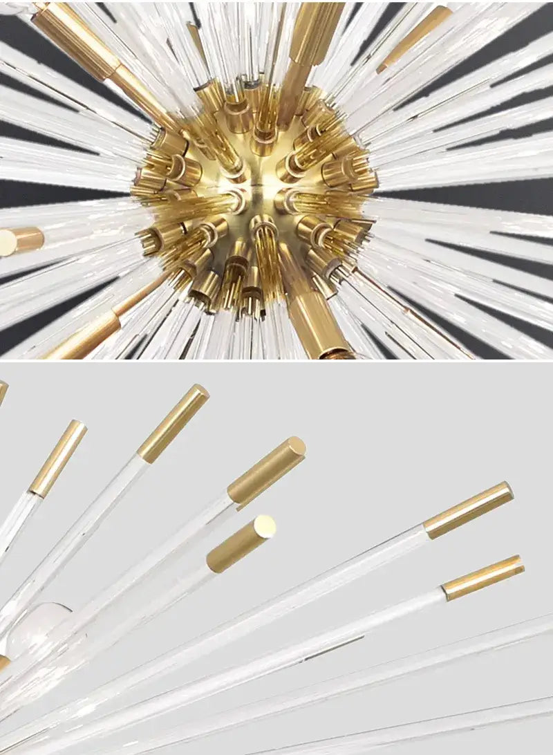 Luxuriöser Kronleuchter mit goldenen Glasstäben für Wohnzimmer, Esszimmer