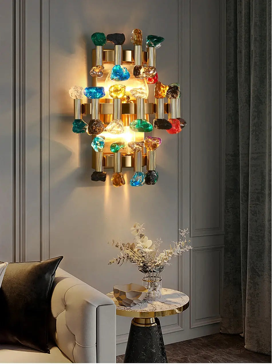 Luxury Brushed Gold Colorful Crystal Wall Sconce for Bedroom