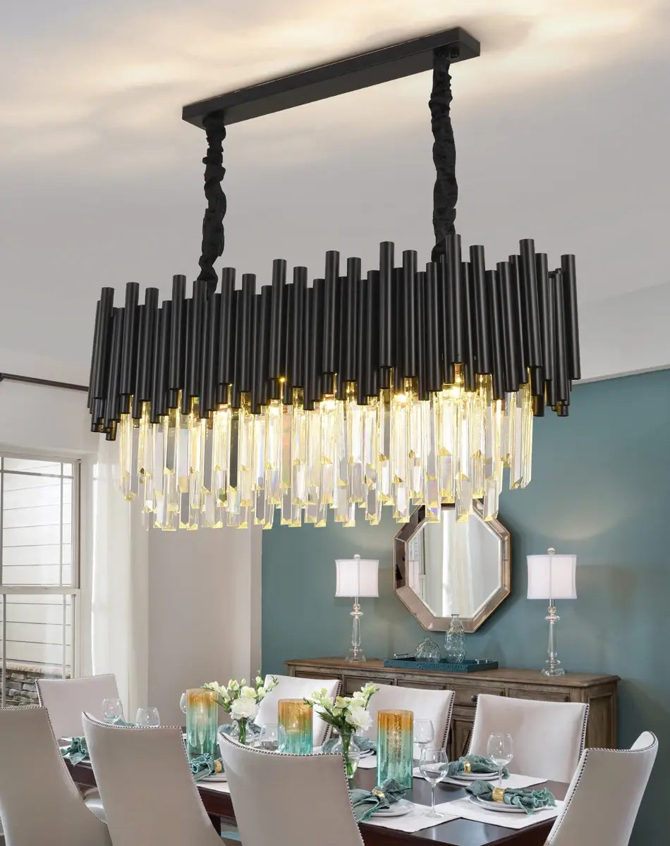 Luxuriöser schwarzer ovaler Kristallkronleuchter für Esszimmer, Küche