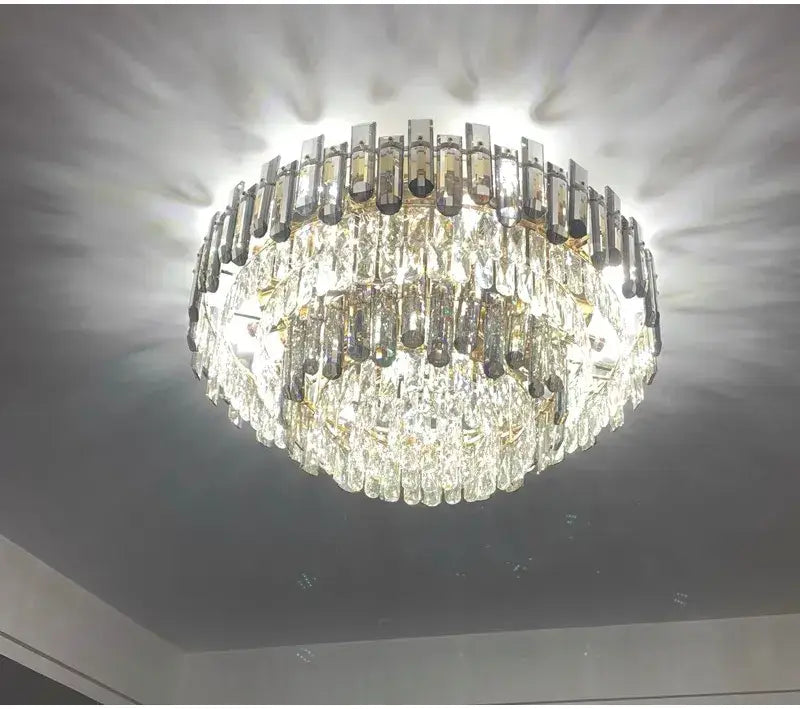 Luxuriöser, runder Deckenleuchter aus grauem Kristallglas für Wohn- und Esszimmer