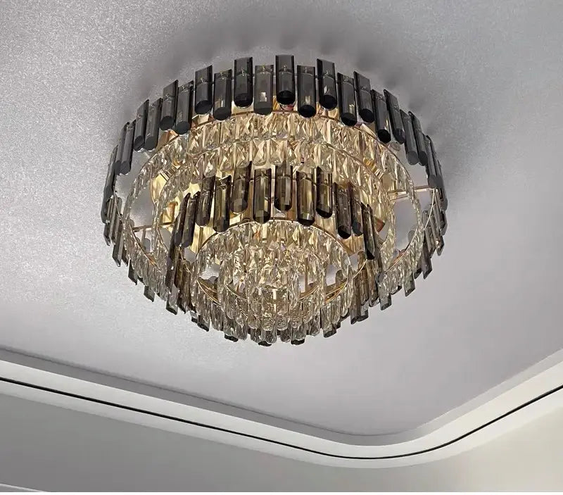 Luxuriöser, runder Deckenleuchter aus grauem Kristallglas für Wohn- und Esszimmer