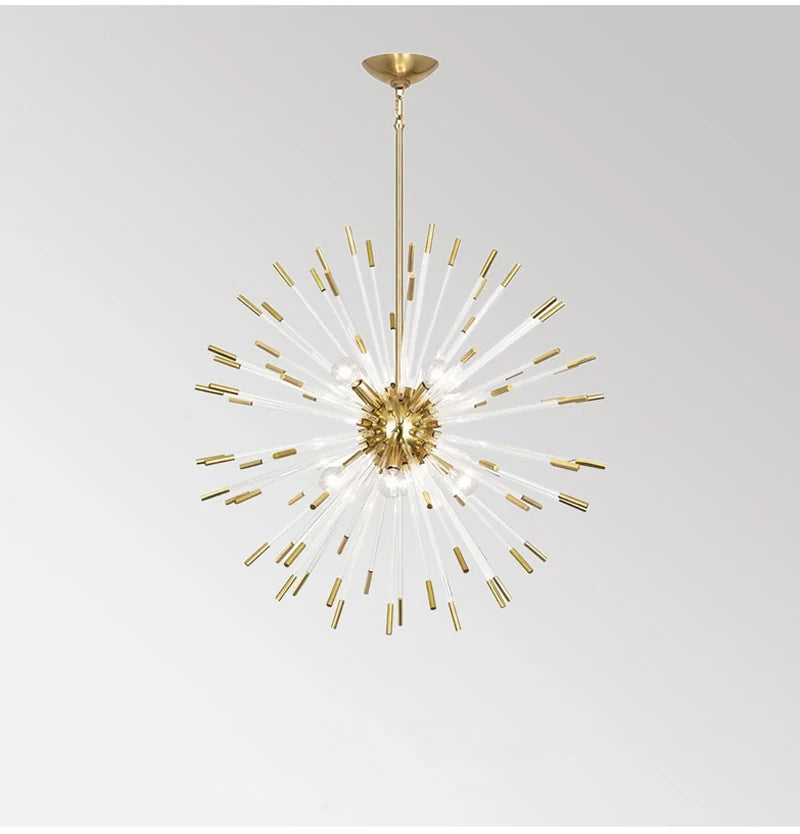Luxuriöser Kronleuchter mit goldenen Glasstäben für Wohnzimmer, Esszimmer