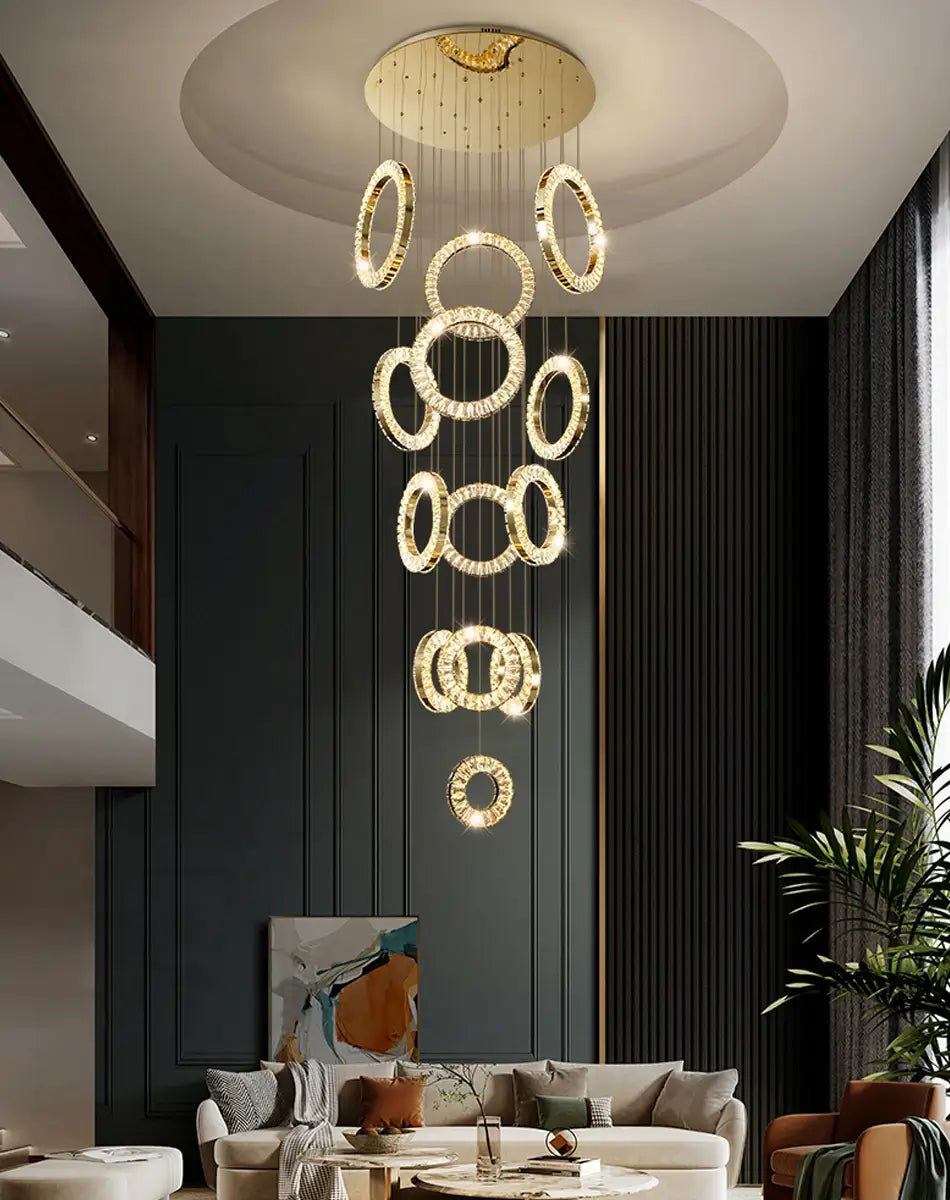 Modern Ring LED Crystal Chandelier for Staircase, Lobby