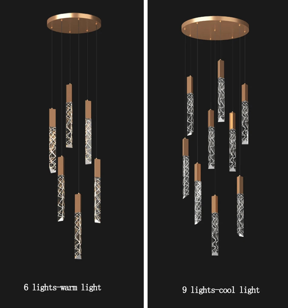 Luxuriöser hängender Treppenkronleuchter mit langen LEDs für Wohnzimmer und Flur