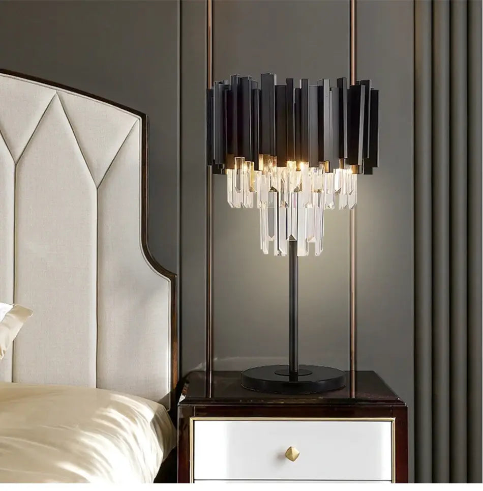Schwarze Luxus-Kristall-Tischlampe für Schlafzimmer, Wohnzimmer, Arbeitszimmer