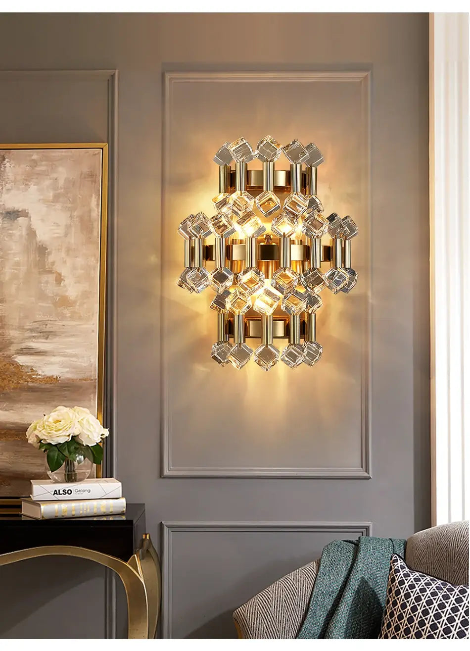 Luxury Brushed Gold Colorful Crystal Wall Sconce for Bedroom