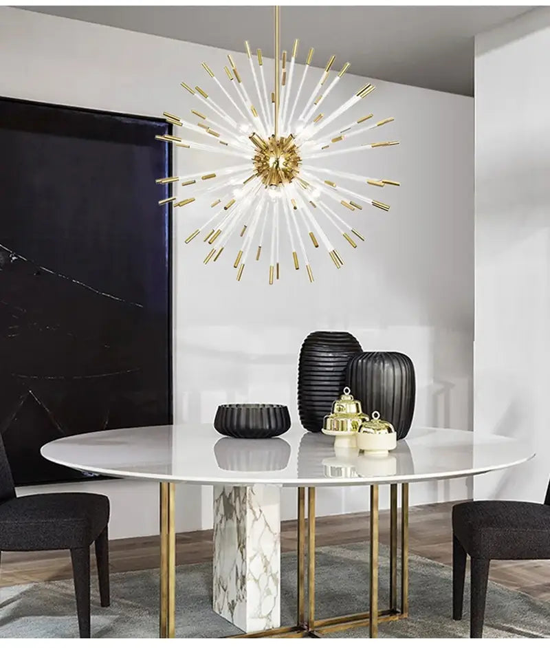 Luxuriöser Kronleuchter mit goldenen Glasstäben für Wohnzimmer, Esszimmer
