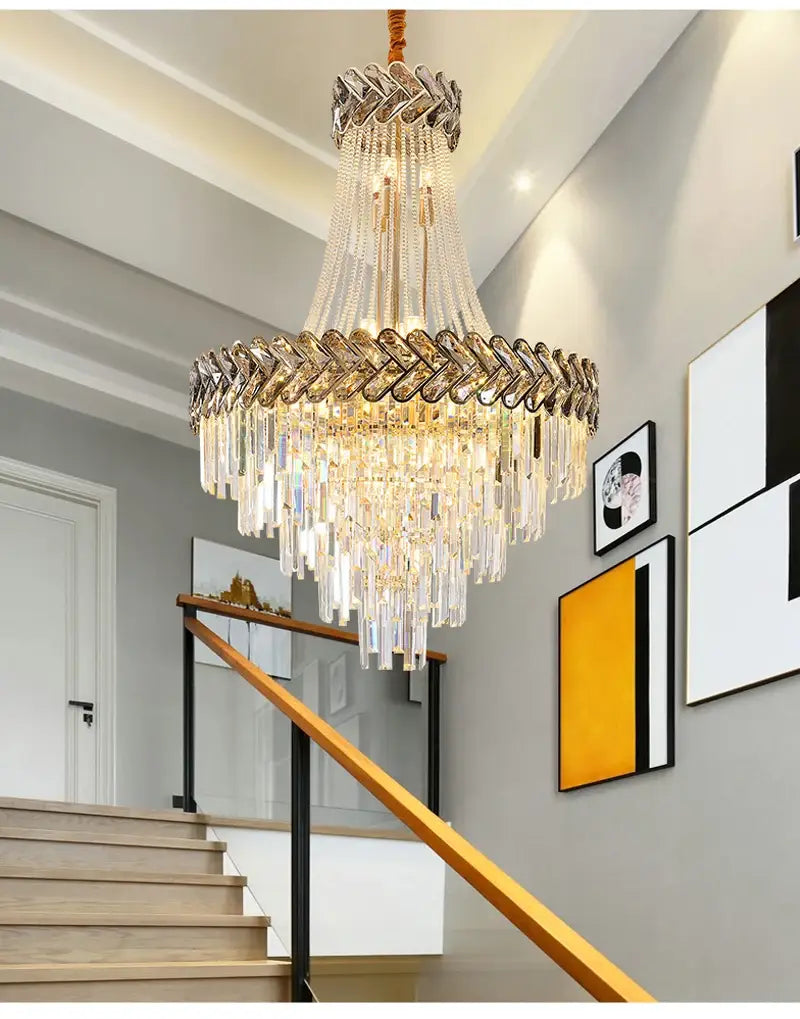 Luxuriöser runder Kristall-Kronleuchter für Treppen, Loft, Wohnzimmer