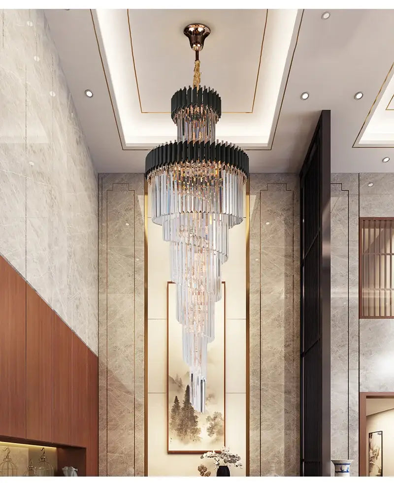Langer schwarzer Luxus-Kristallleuchter für Treppenhaus, Lobby, Wohnzimmer