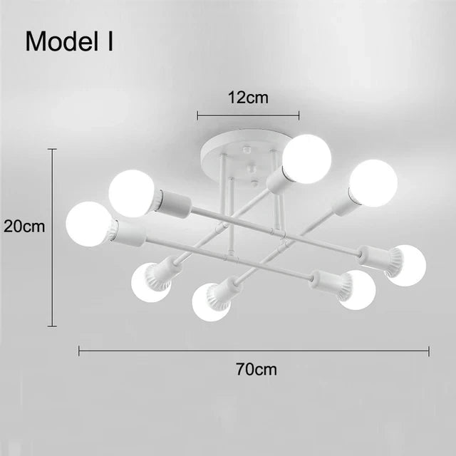 White modern nordic sputnik LED chandelier ceiling light with eight spherical bulbs in geometric pattern