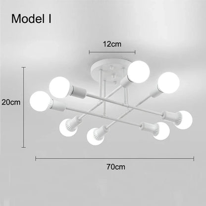 White modern nordic sputnik LED chandelier ceiling light with eight spherical bulbs in geometric pattern