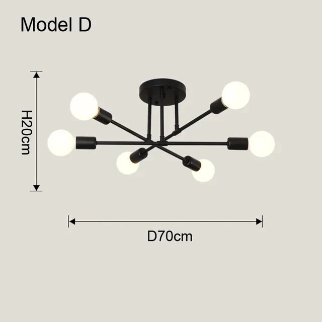 Modern nordic sputnik led chandelier ceiling light with black metal frame and six spherical bulbs arranged radially