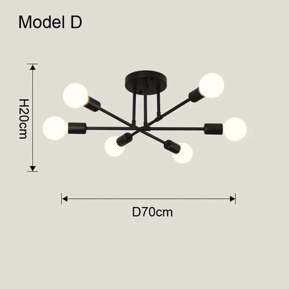 Modern nordic sputnik led chandelier ceiling light with black metal frame and six spherical bulbs arranged radially