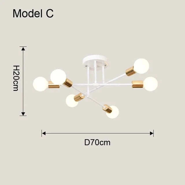 Modern Nordic Sputnik LED chandelier ceiling light with white and gold geometric frame and six spherical bulbs