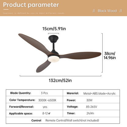 Low-profile black wood ceiling fan with three dark brown blades and central light fixture with remote control