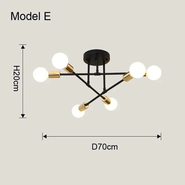 Modern nordic sputnik led chandelier ceiling light with black and gold frame and six spherical white bulbs
