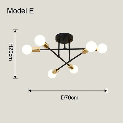 Modern nordic sputnik led chandelier ceiling light with black and gold frame and six spherical white bulbs