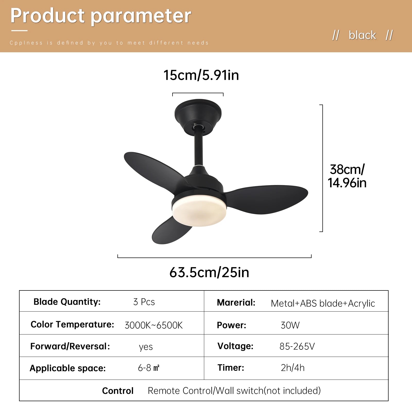 Black low-profile ceiling fan with three blades and central light fixture with remote control for indoor use