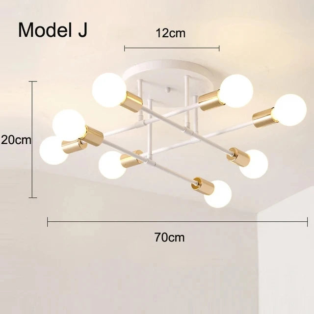 Modern nordic sputnik led chandelier ceiling light with white and gold geometric frame and six spherical bulbs