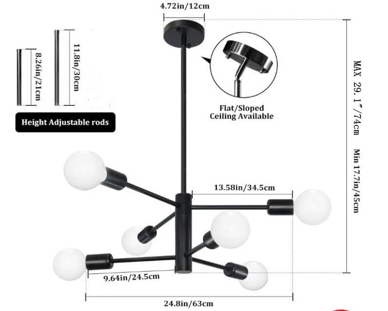 Black nordic modern sputnik semi-flush mount chandelier with frosted glass globe bulbs and adjustable rods