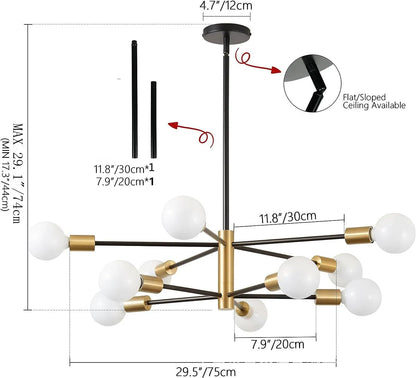 Nordic modern sputnik semi-flush mount chandelier with black and gold finish and frosted glass globe bulbs