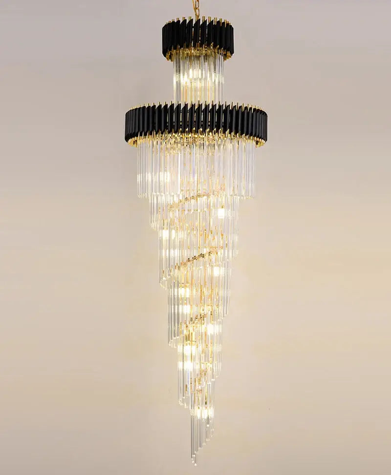 Langer schwarzer Luxus-Kristallleuchter für Treppenhaus, Lobby, Wohnzimmer