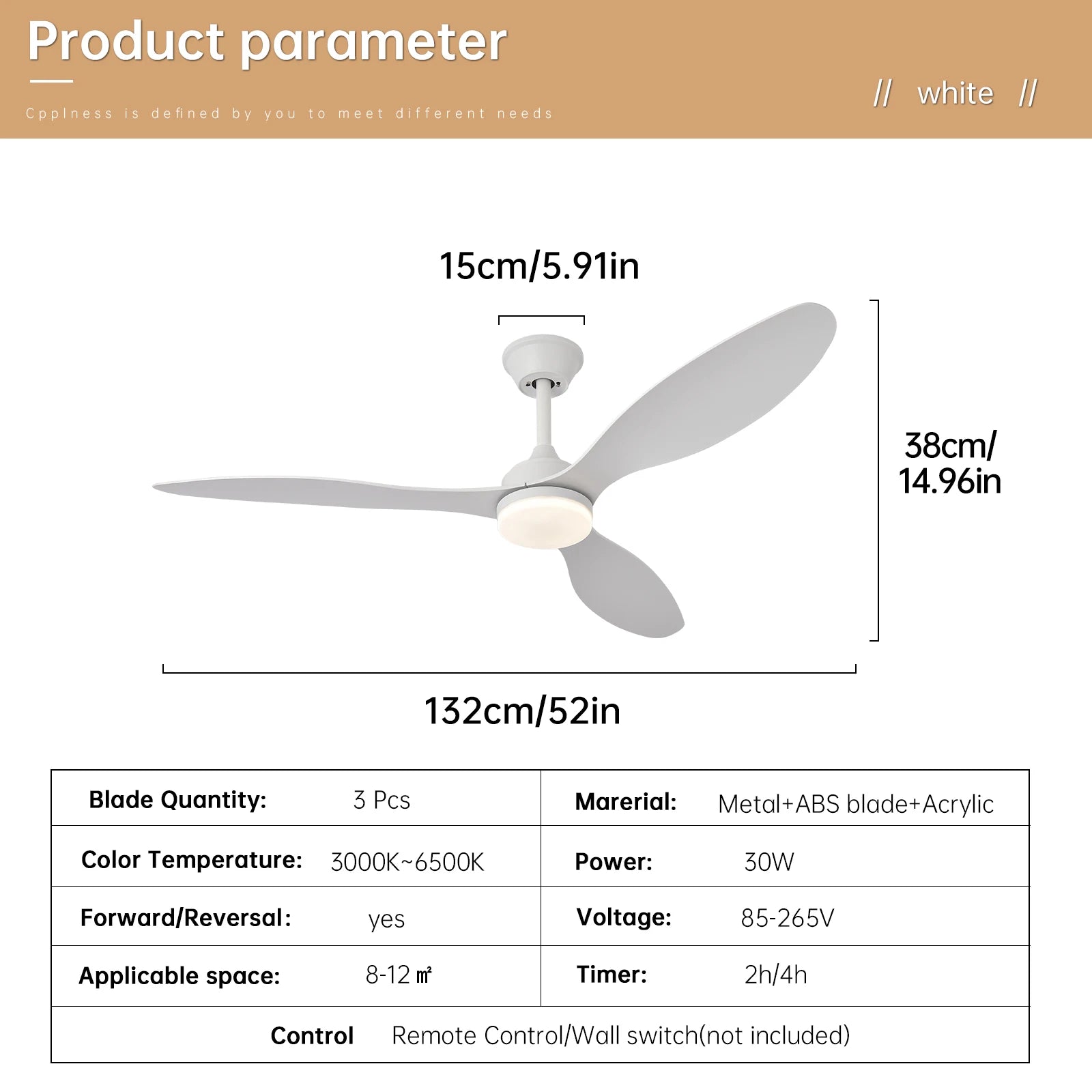 Low-profile white ceiling fan with three sleek blades and integrated light fixture with remote control