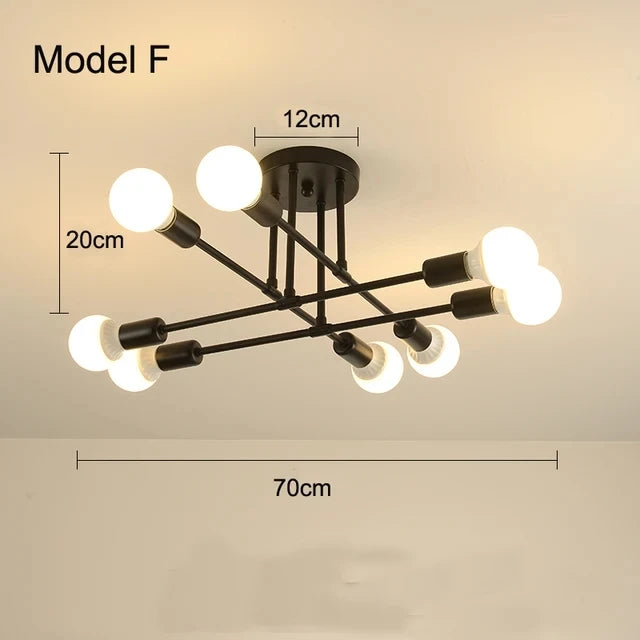 Modern nordic sputnik led chandelier ceiling light with black metal frame and multiple spherical bulbs in geometric pattern