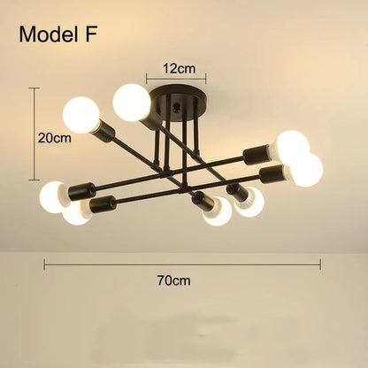 Modern nordic sputnik led chandelier ceiling light with black metal frame and multiple spherical bulbs in geometric pattern