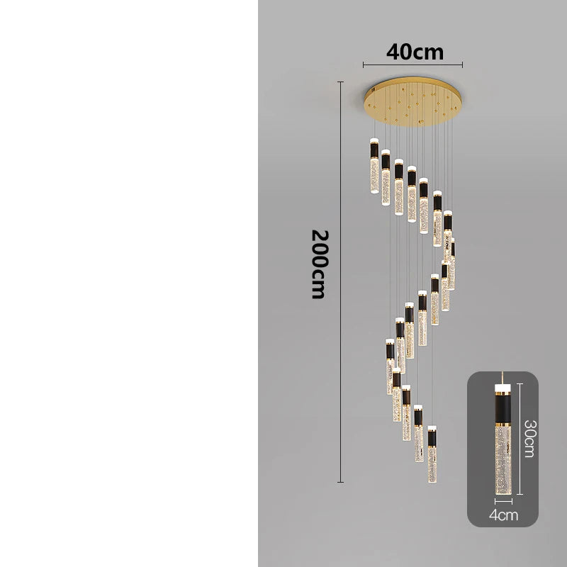 Modern crystal chandelier with gold-toned circular mount and black-accented clear glass cylindrical pendants 30cm tall
