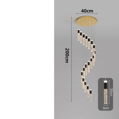 Modern crystal chandelier with gold-toned circular mount and black-accented clear glass cylindrical pendants 30cm tall
