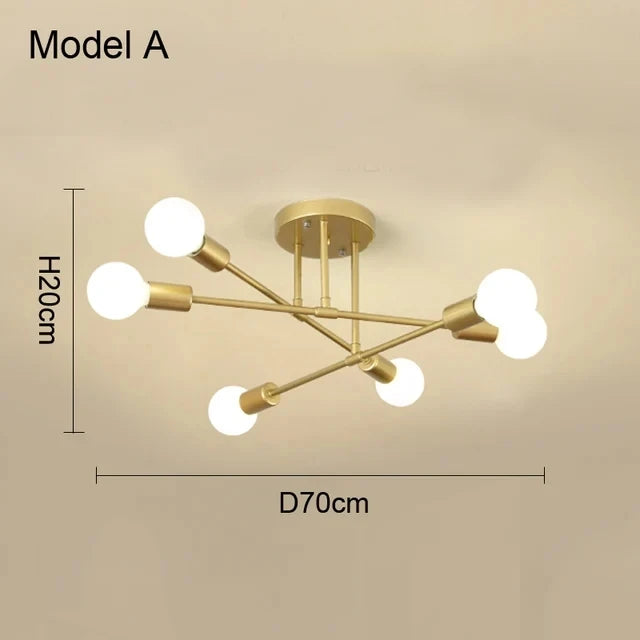 Gold-toned modern nordic sputnik LED chandelier ceiling light with six spherical bulbs in a symmetrical branching design