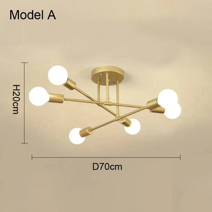 Gold-toned modern nordic sputnik LED chandelier ceiling light with six spherical bulbs in a symmetrical branching design