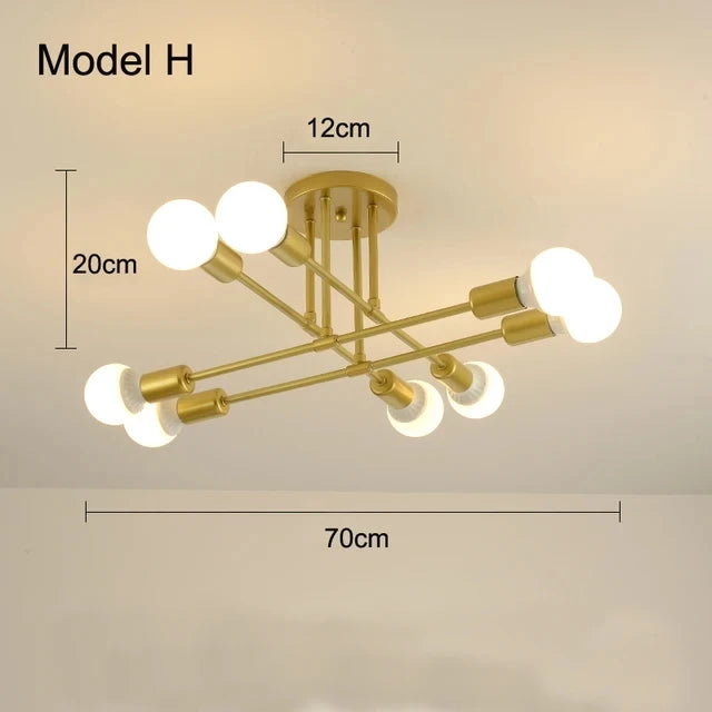 Modern Nordic Sputnik LED chandelier ceiling light with gold finish and six white spherical bulbs in radial pattern