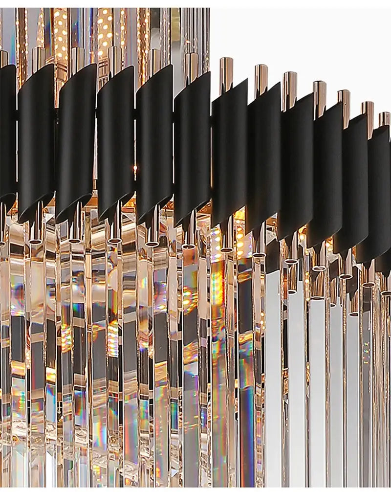 Langer schwarzer Luxus-Kristallleuchter für Treppenhaus, Lobby, Wohnzimmer